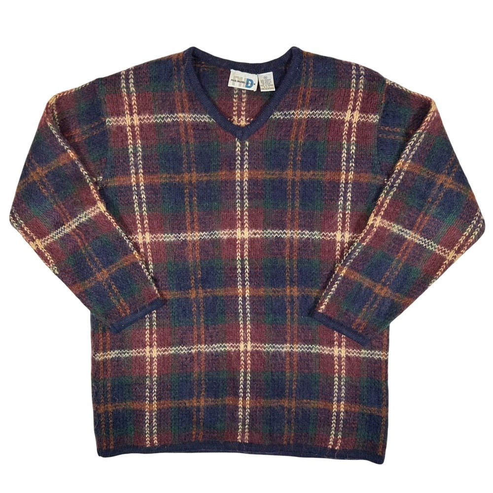 Paul Harris Design Mens Mohair Blend V-Neck Plaid Sweater Navy Burgundy Green M